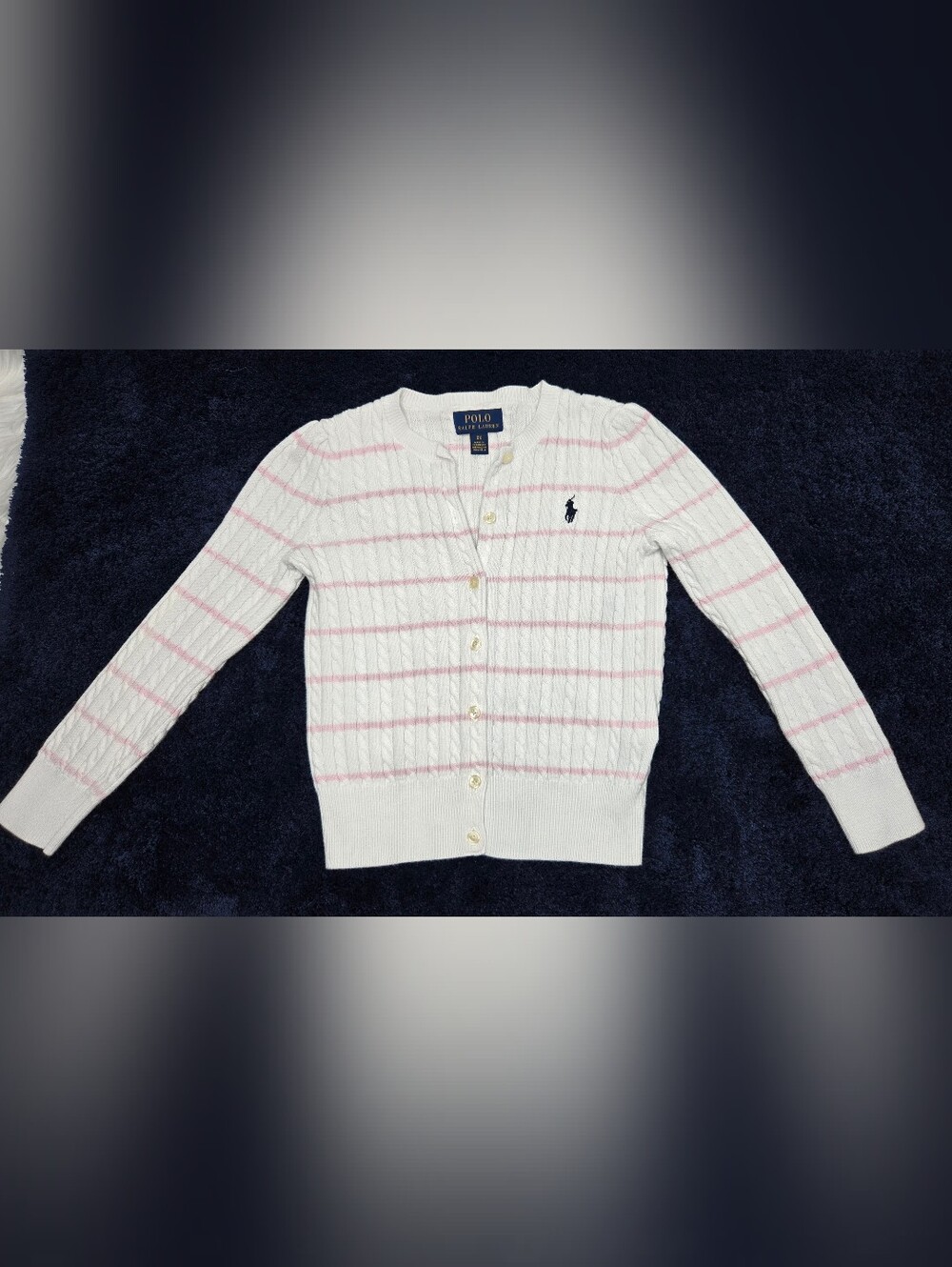 Ralph Lauren White Cable-Knit Cardigan with Light Pink Stripes - Picture 4 of 8